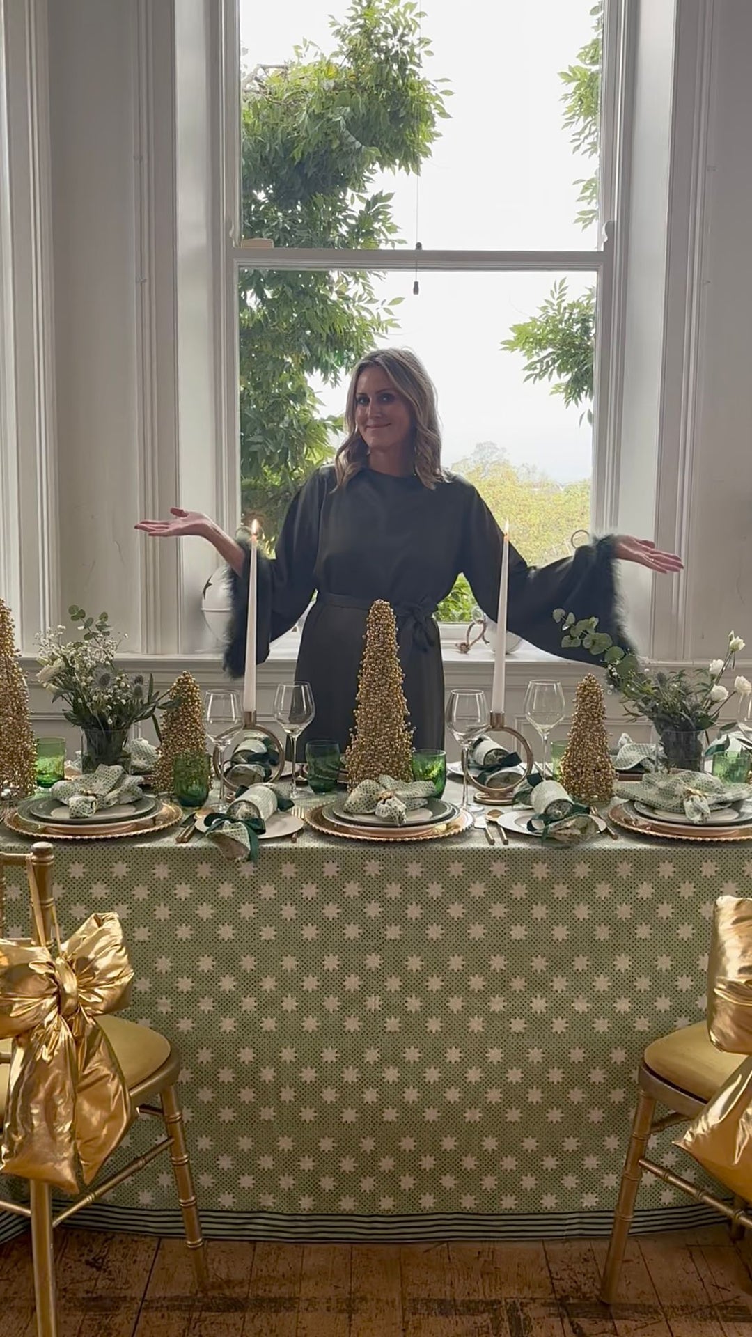 Green Satin Dress with Feather Details