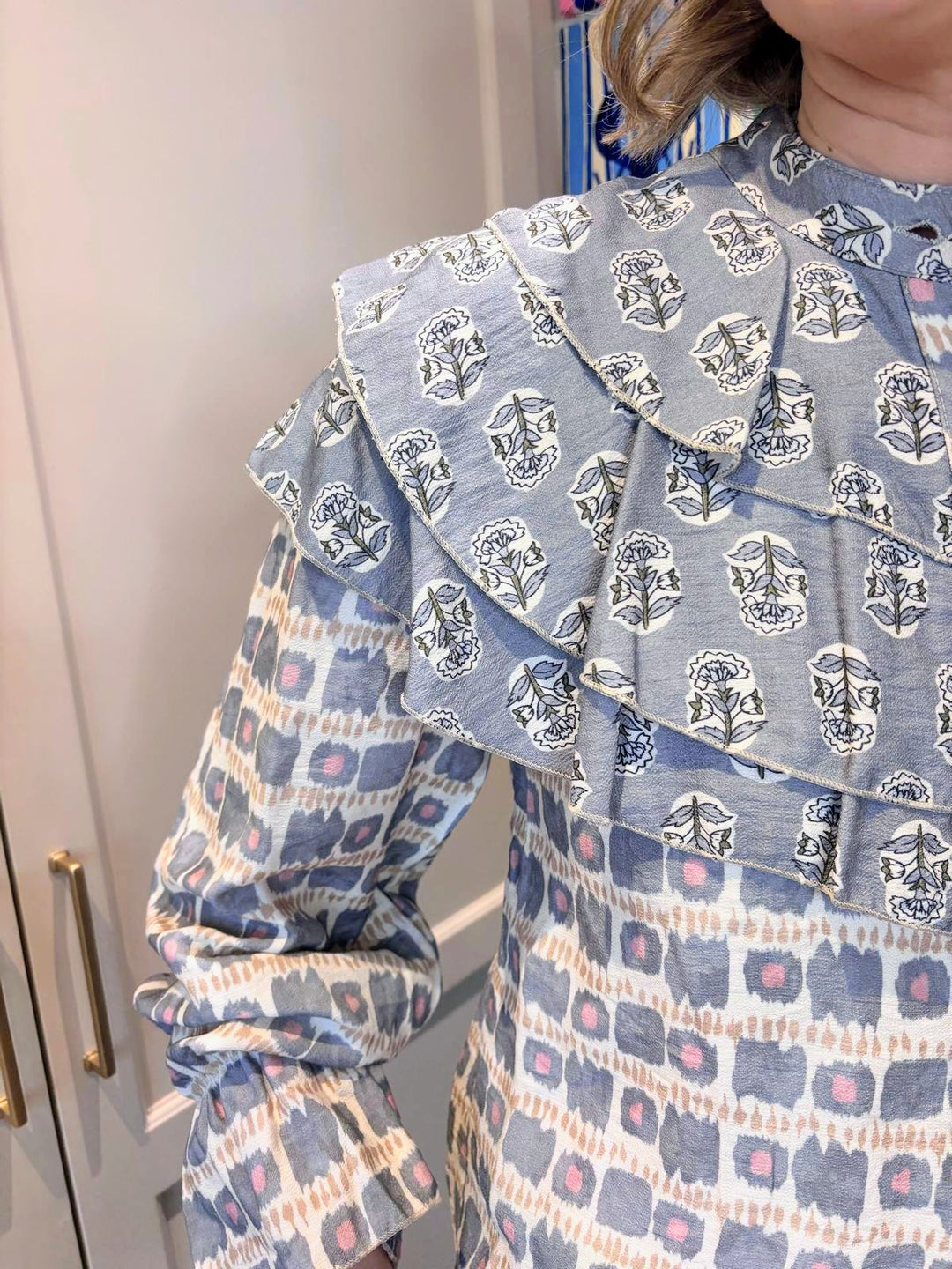 Grey Frill Printed Blouse