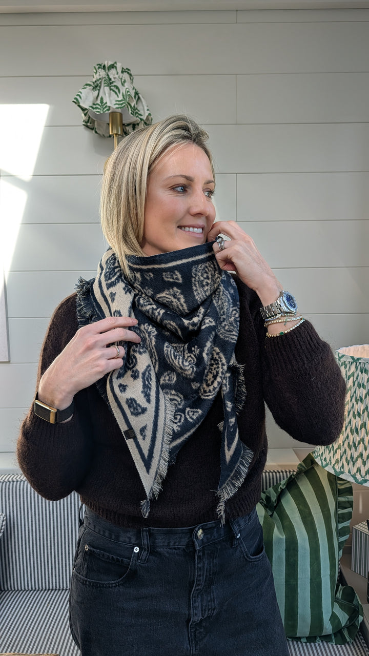 Large Triangle Paisley print Navy Scarf