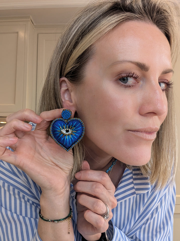 Turkish Eye Heart Sequin Earrings: Blue