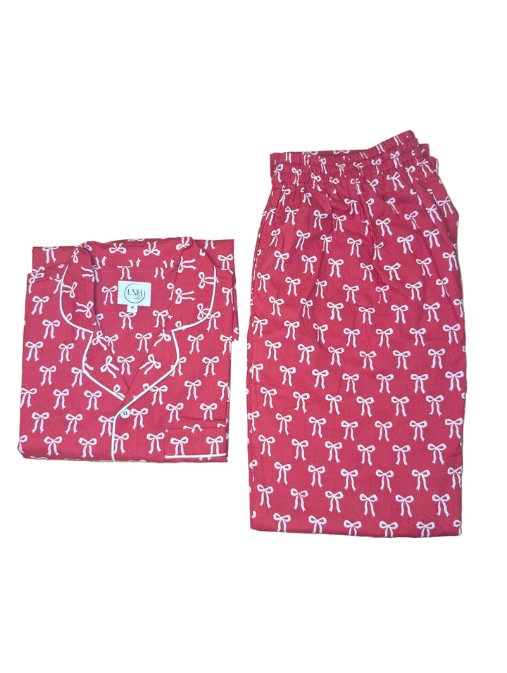 Christmas Bow Pyjama Set | Hand Block-Printed Cotton-Pyjamas-LNH Edit