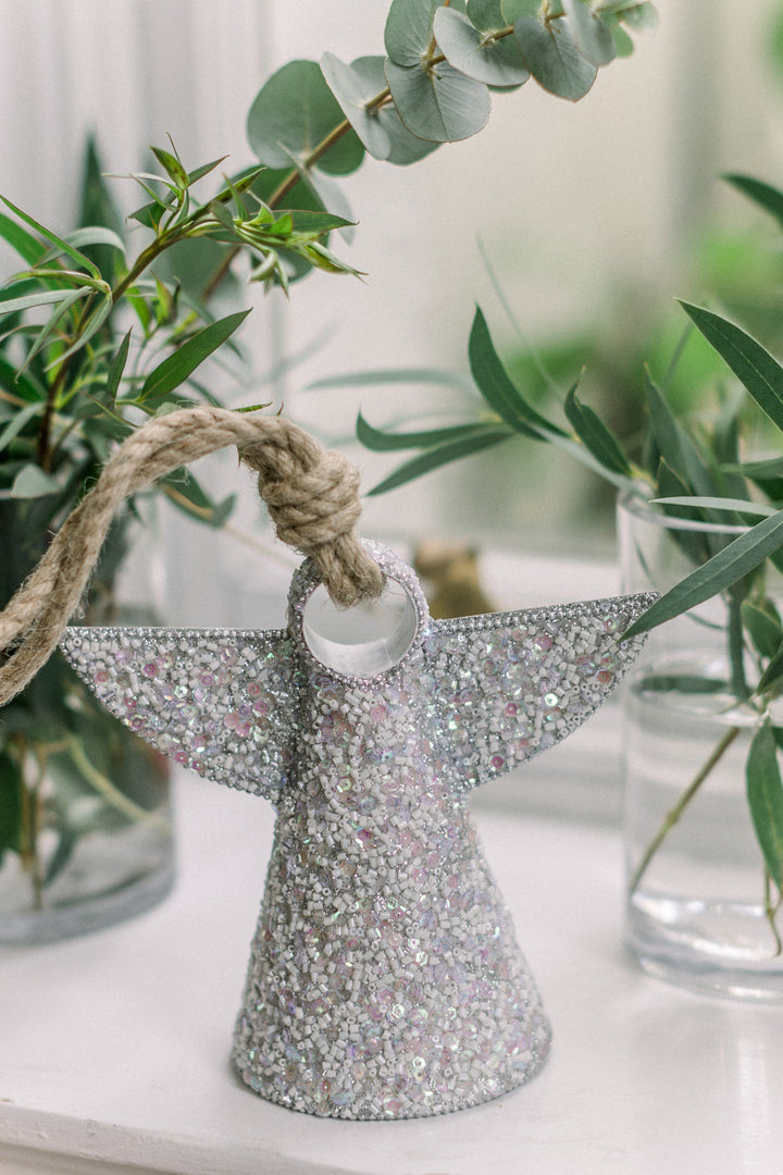 Silver Glitter Angel Bell Hanging Decoration