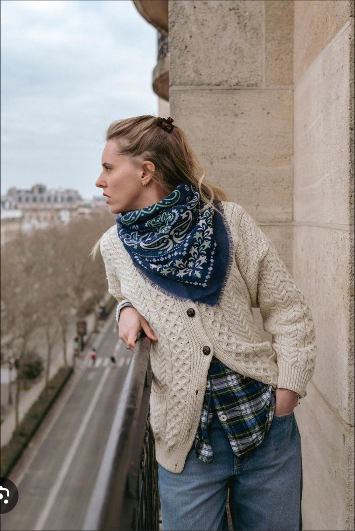 Navy Wool & Silk Blue Bandana Scarf