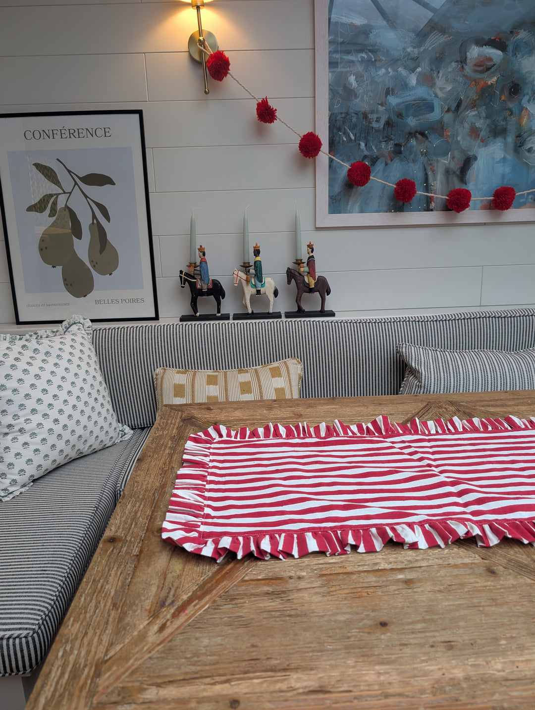 Holly Red Frill Table Runner | Hand Block-Printed Cotton