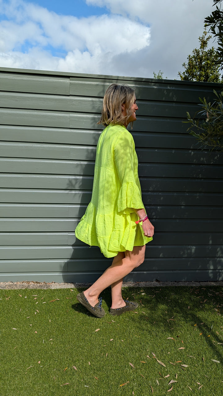 Short dress in cotton Neon Yellow