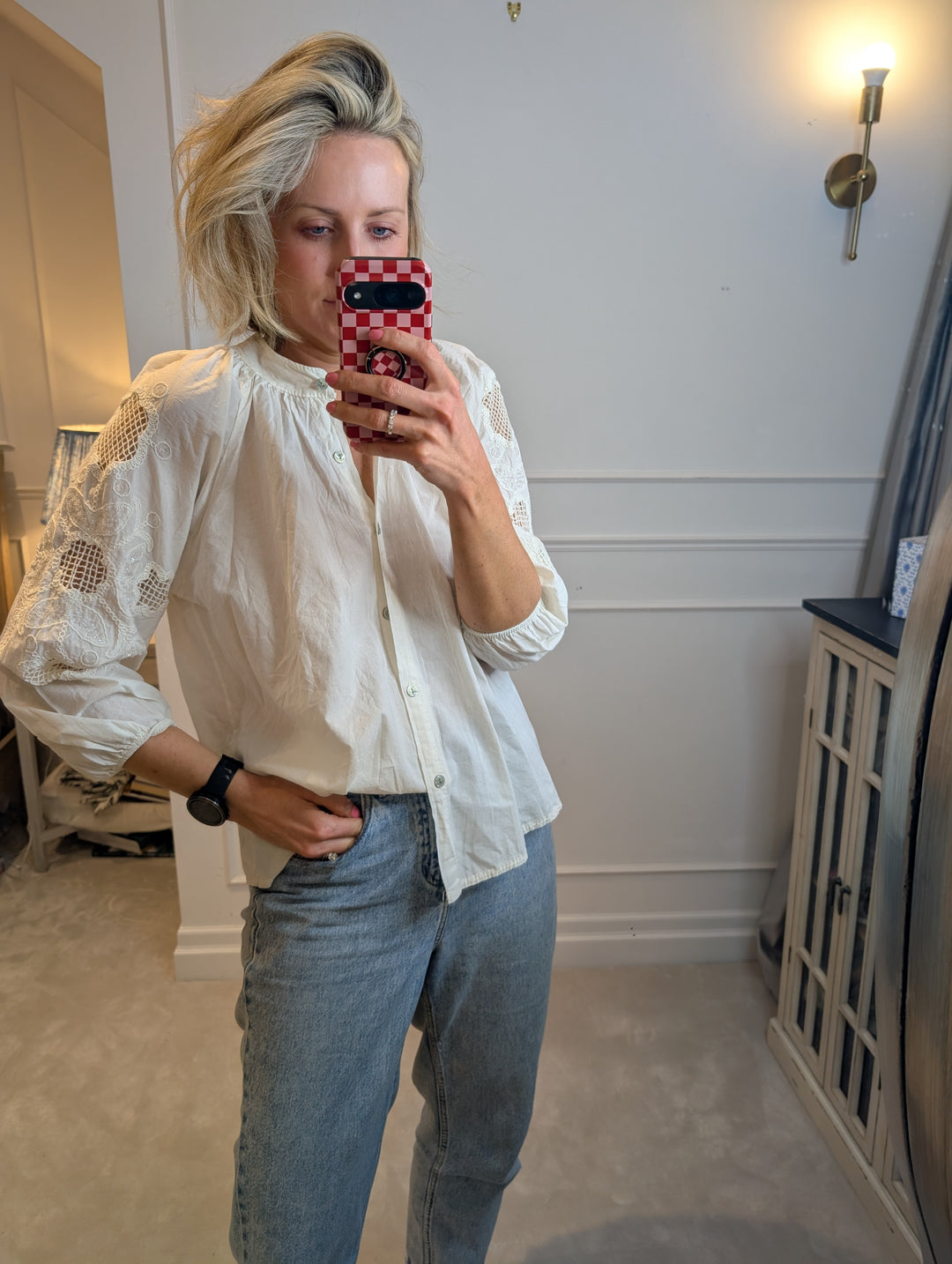 Embroidered sleeve Ecru Shirt-Shirts & Tops-LNH Edit