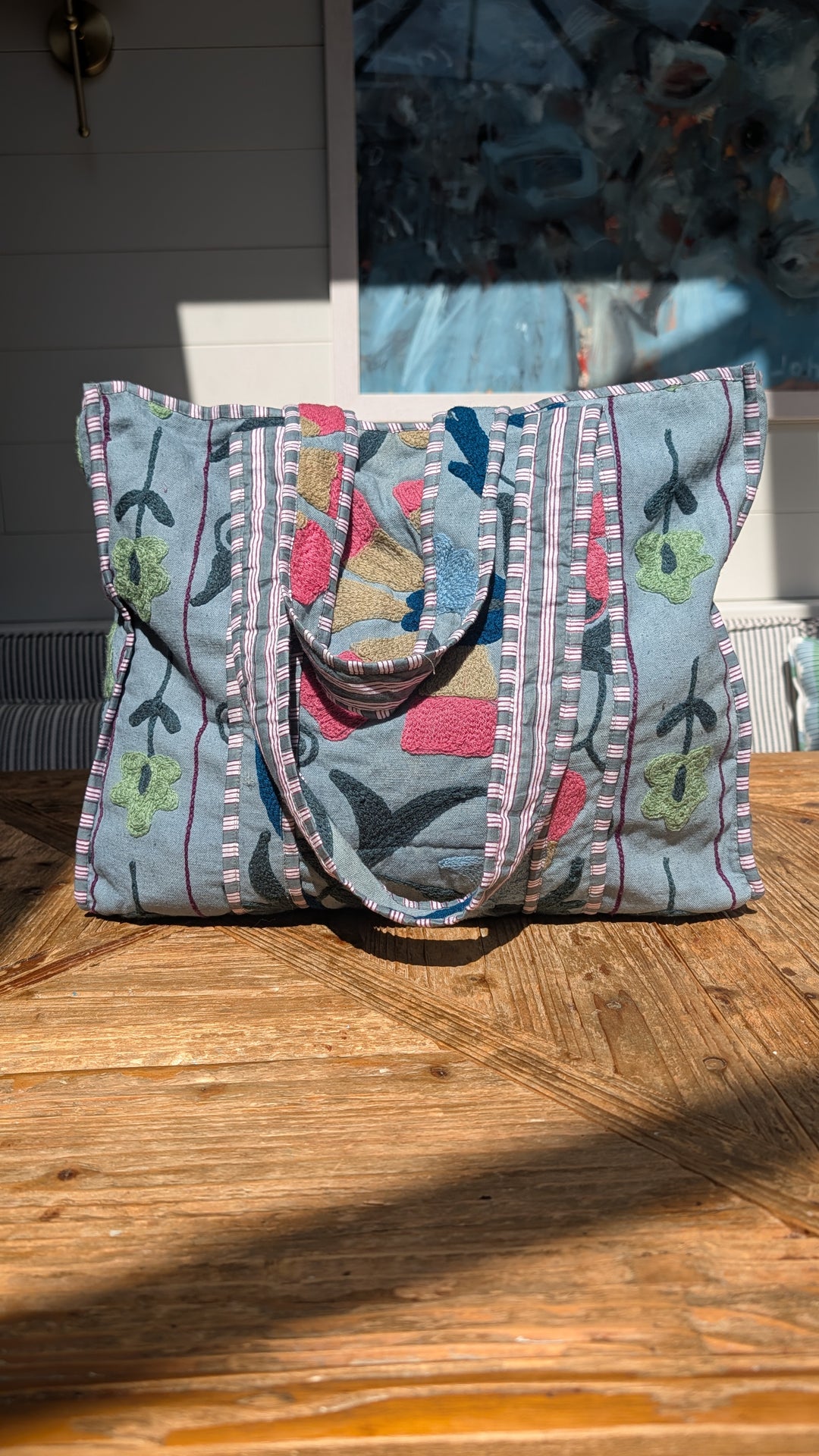 Pink &amp; Blue hand embroidered Tote