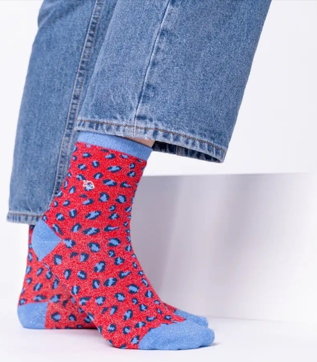 Red and Navy Leopard Combed Cotton Socks