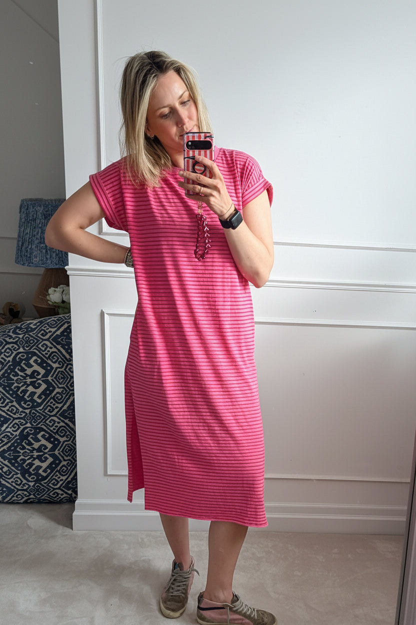 Stripe Red/Pink Cotton T-Shirt Dress-Dresses-LNH Edit