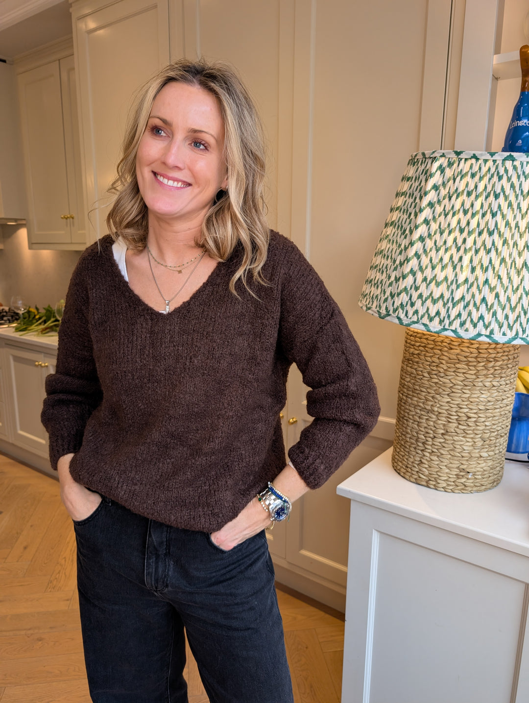 Chocolate Boucle V Neck Sweater-Shirts & Tops-LNH Edit