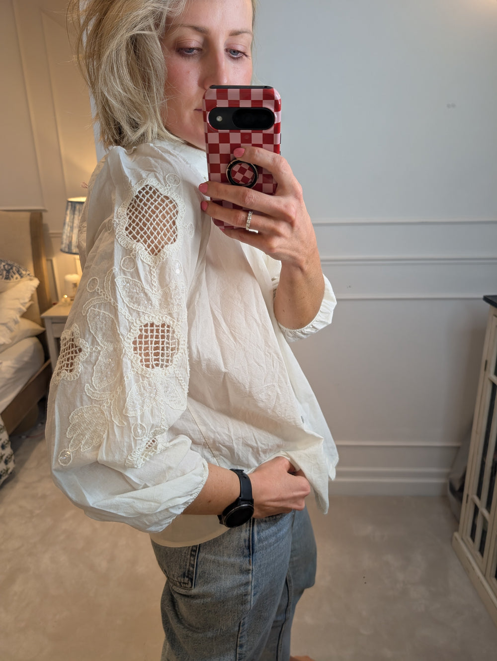 Embroidered sleeve Ecru Shirt-Shirts & Tops-LNH Edit
