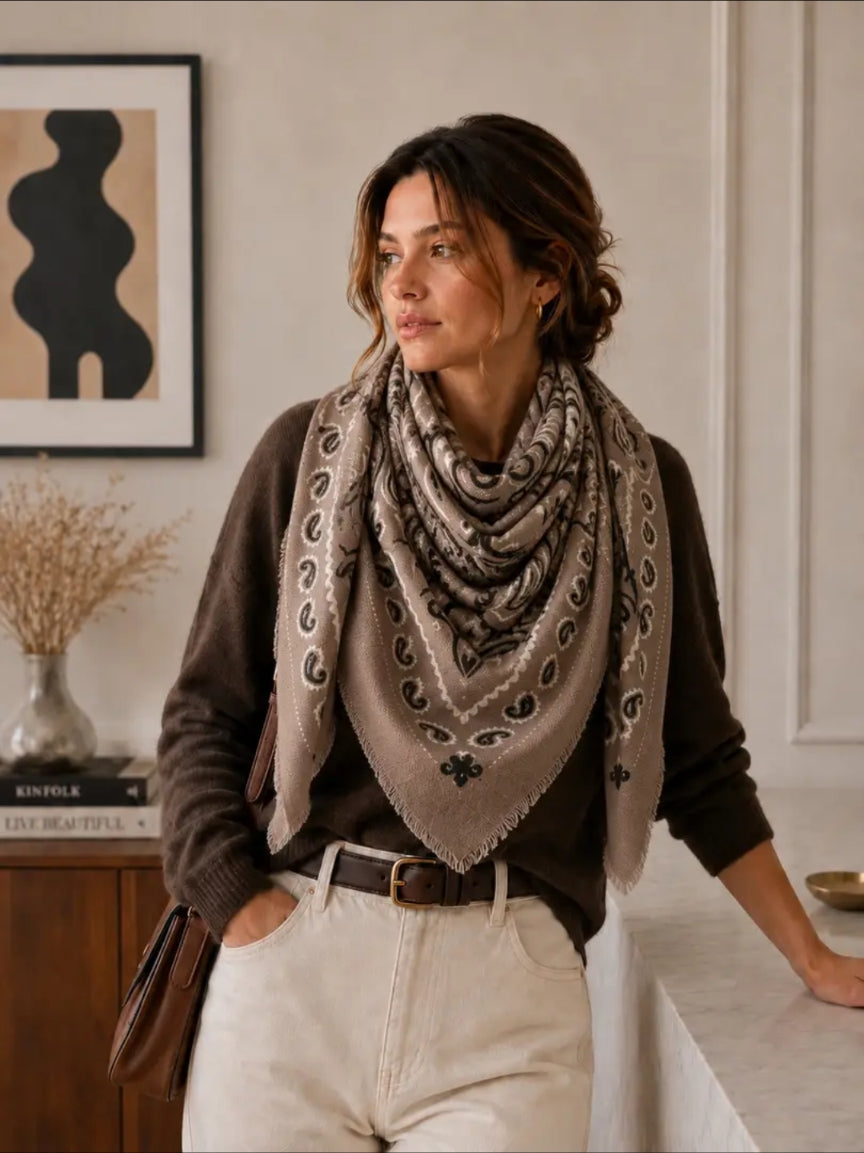 Large Taupe bandana print Scarf-scarf-LNH Edit