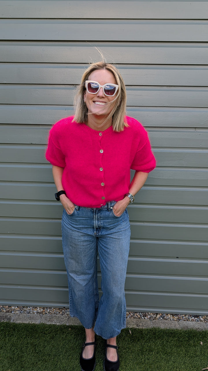 Neon Pink Short Sleeve Mohair Cardi--LNH Edit
