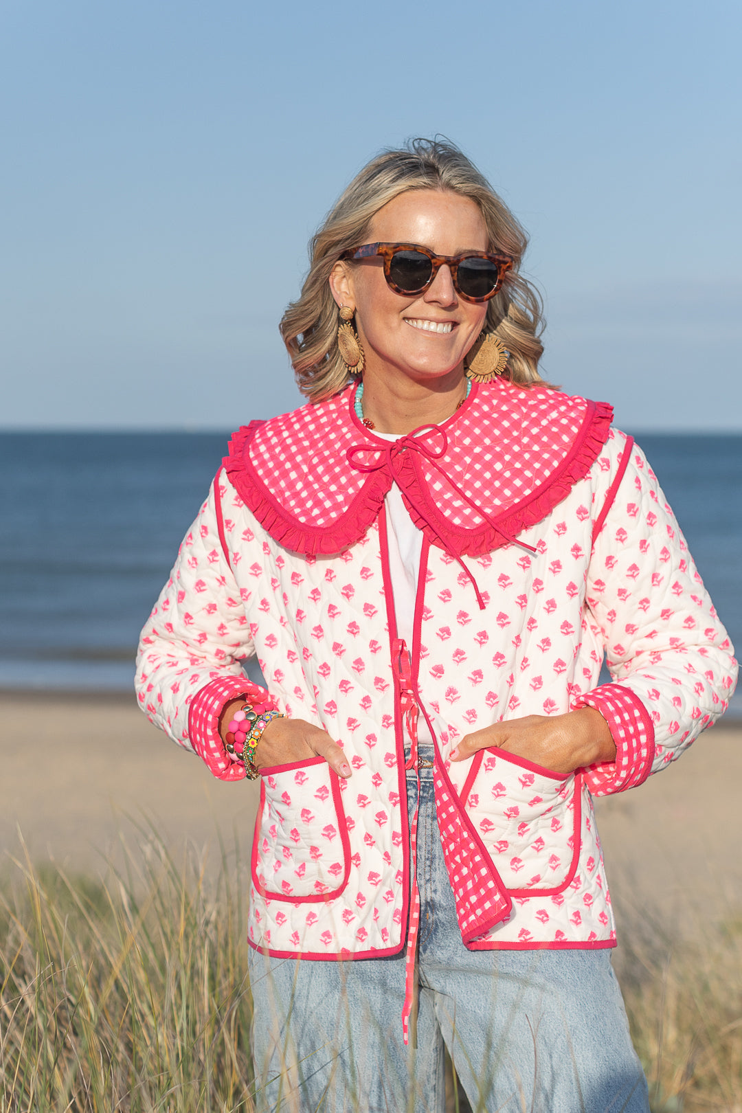 Neema Neon Pink floral Quilted Jacket with Collar-Jackets & Coats-LNH Edit