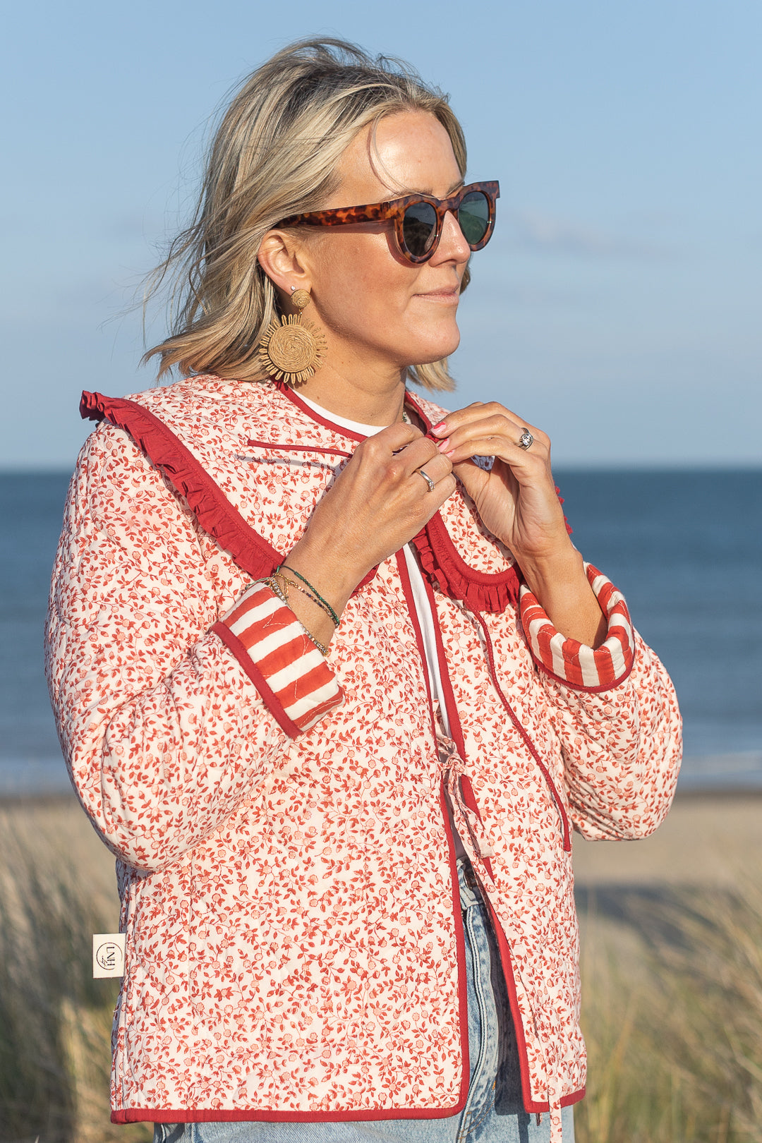 Neema Red Stripe Quilted Jacket with Collar-Jackets & Coats-LNH Edit