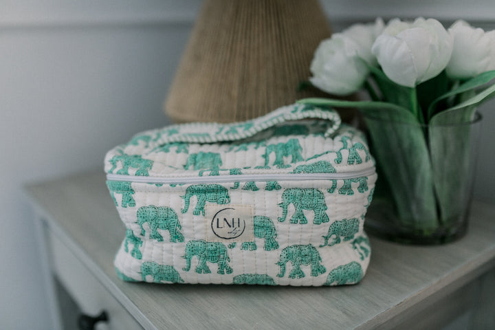 Green Elephant Cosmetic Bag- Large Top Zipper