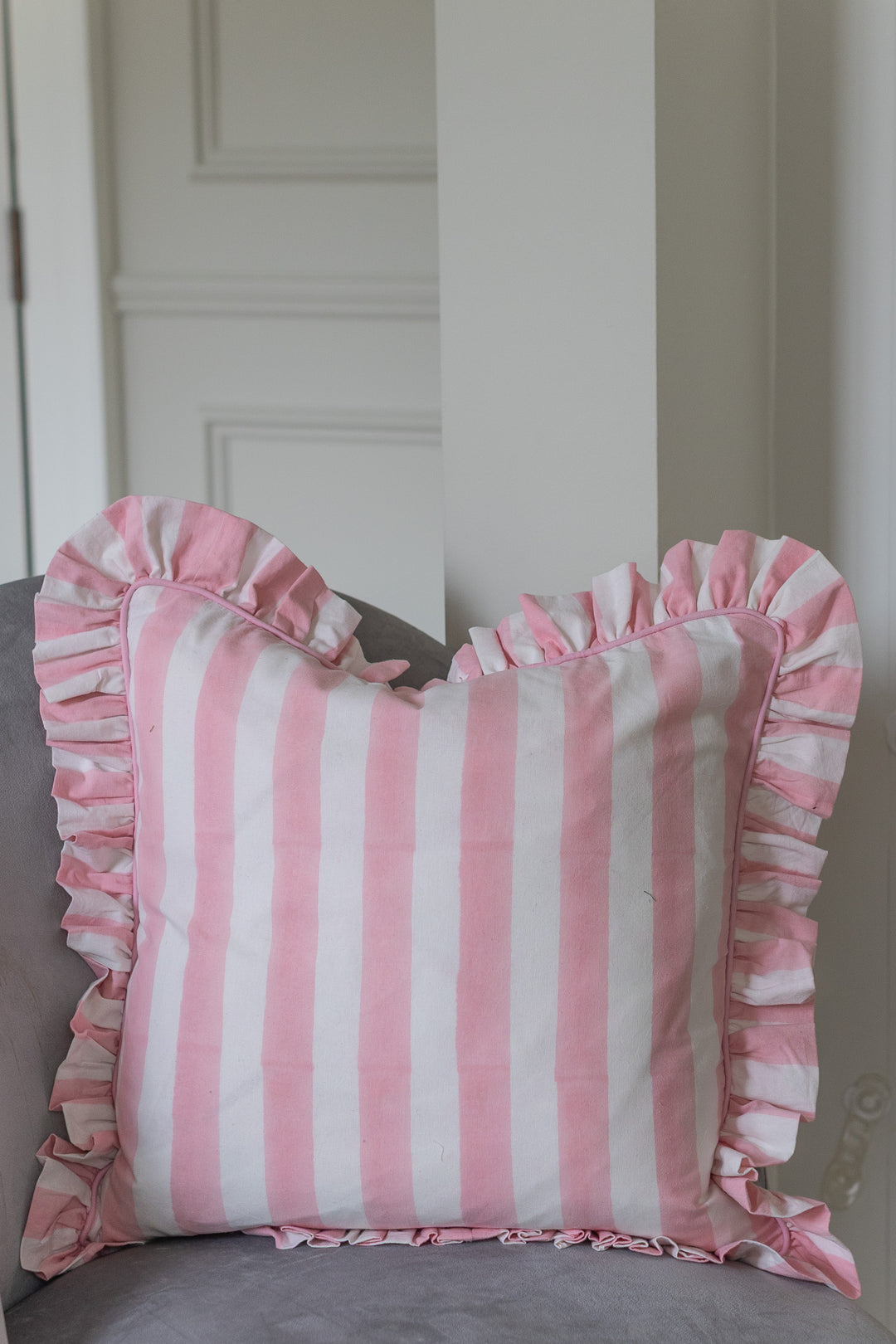Pink stripe Frill Cushion Cover