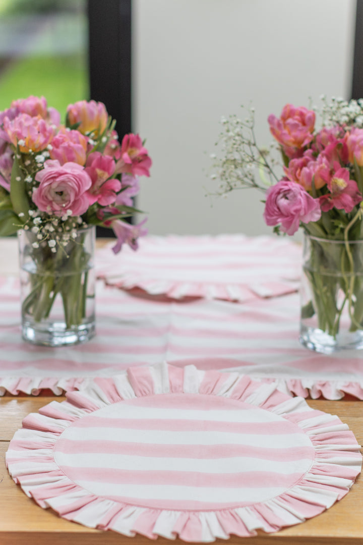 Pink stripe Frill Placemats | Set of 2 ¦ Hand Block-Printed Cotton