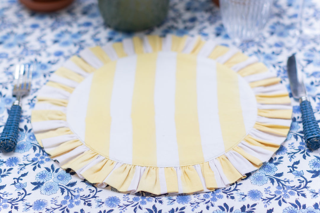 Lemon stripe Frill Placemats | Set of 2 ¦ Hand Block-Printed Cotton