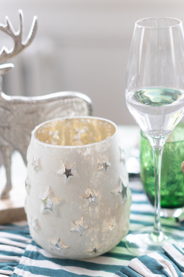 Star Cut-Out Glass Tealight Holder – Antique Silver (Large)