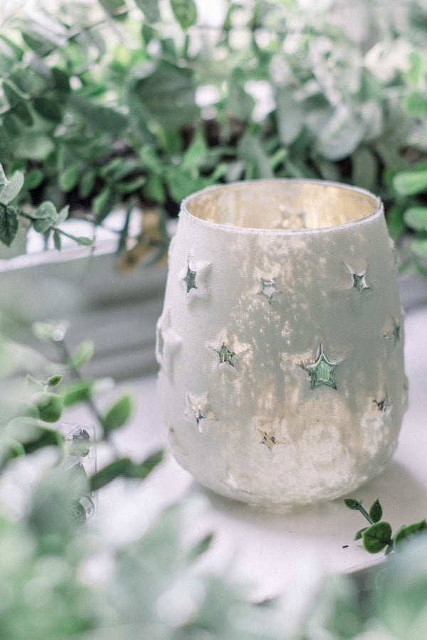 Star Cut-Out Glass Tealight Holder – Antique Silver (Large)