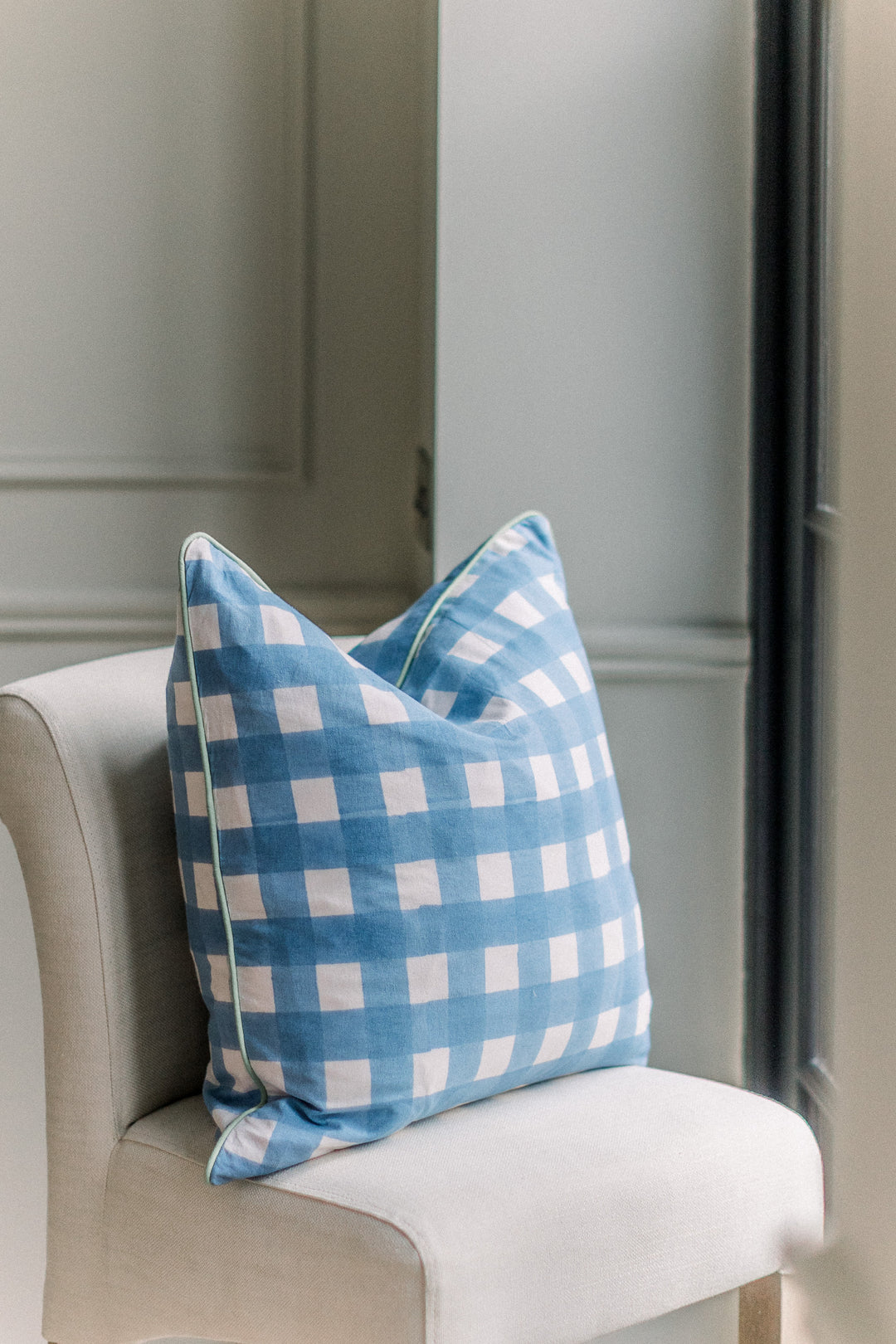 Gingham Blue Piped Cushion Cover