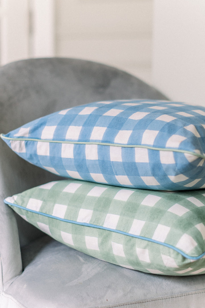 Gingham Blue Piped Cushion Cover