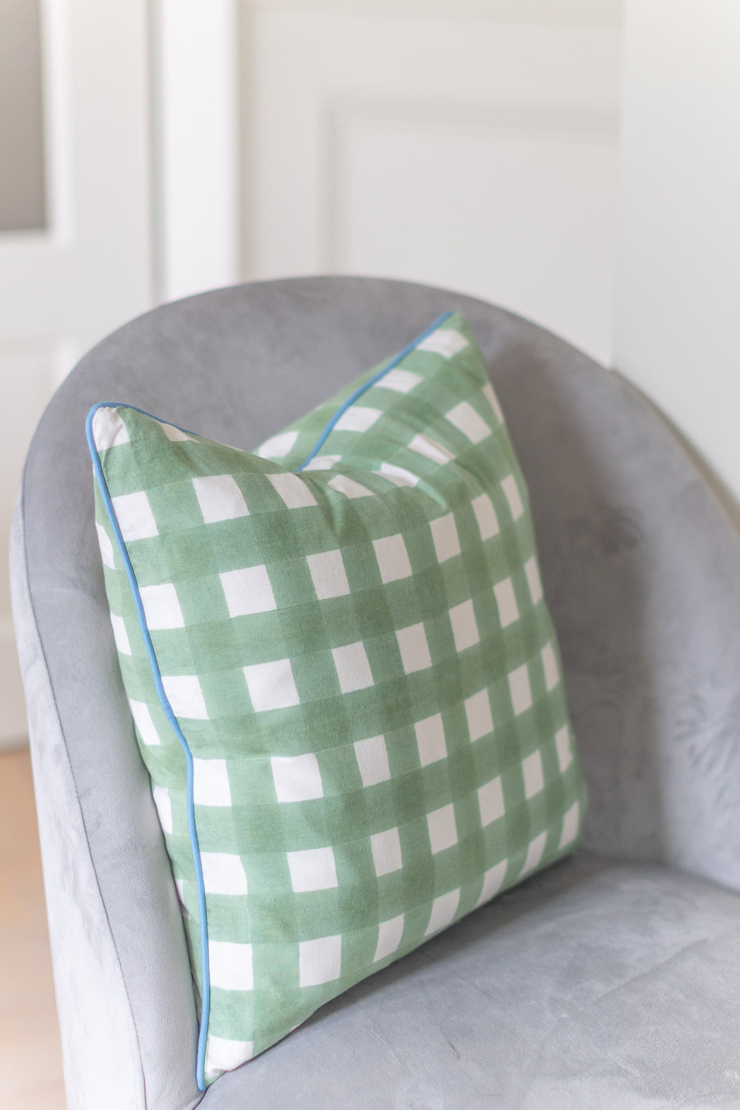 Gingham Green Piped Cushion Cover
