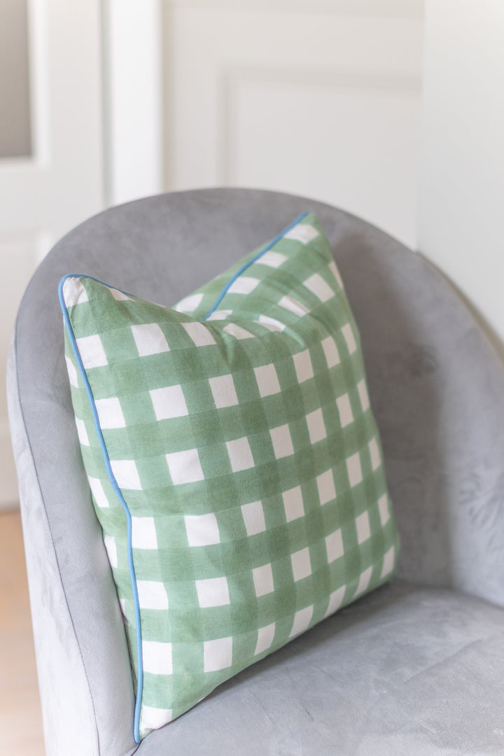 Gingham Green Piped Cushion Cover