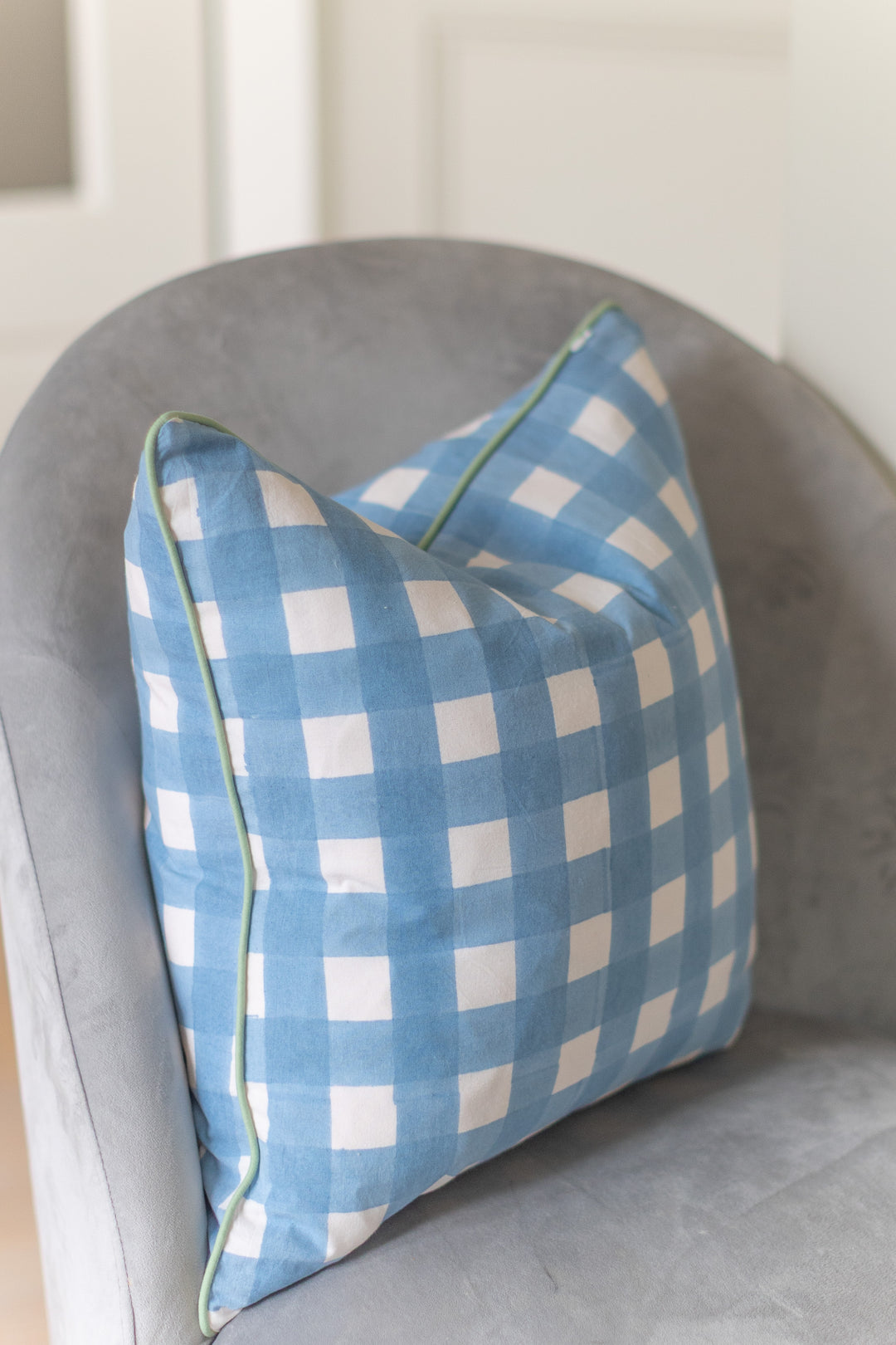 Gingham Blue Piped Cushion Cover