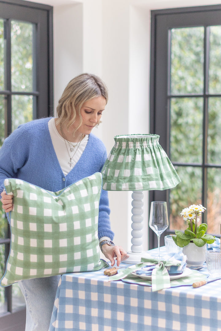 Gingham Green Piped Cushion Cover
