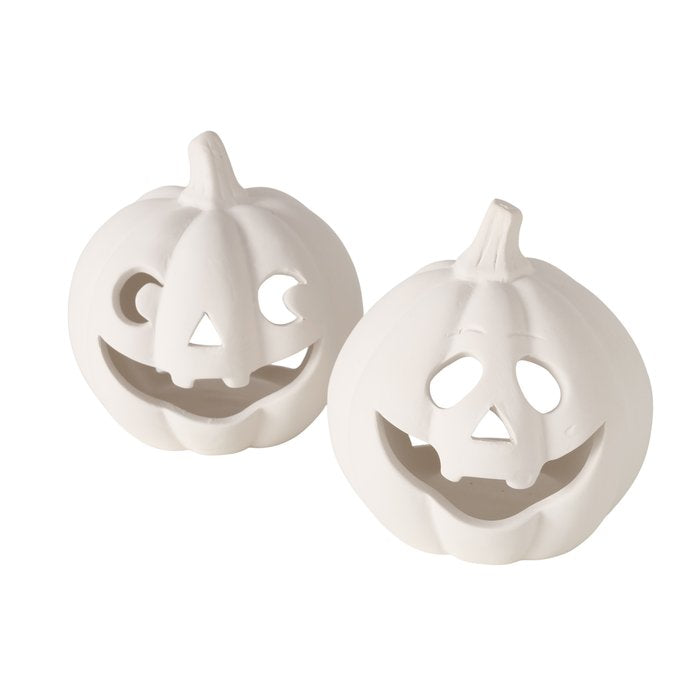 Set of 2 ceramic Happy Pumpkin tealight holders, 9cm tall Halloween decorations with cosy festive glow, perfect for mantels, tables, or shelves.