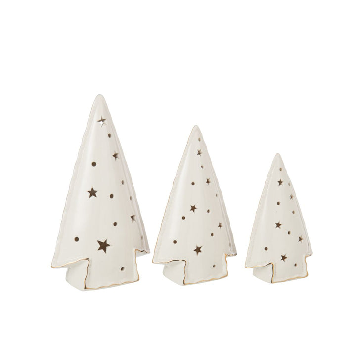 Angled view of three ceramic LED trees with soft white glaze and gold trim.