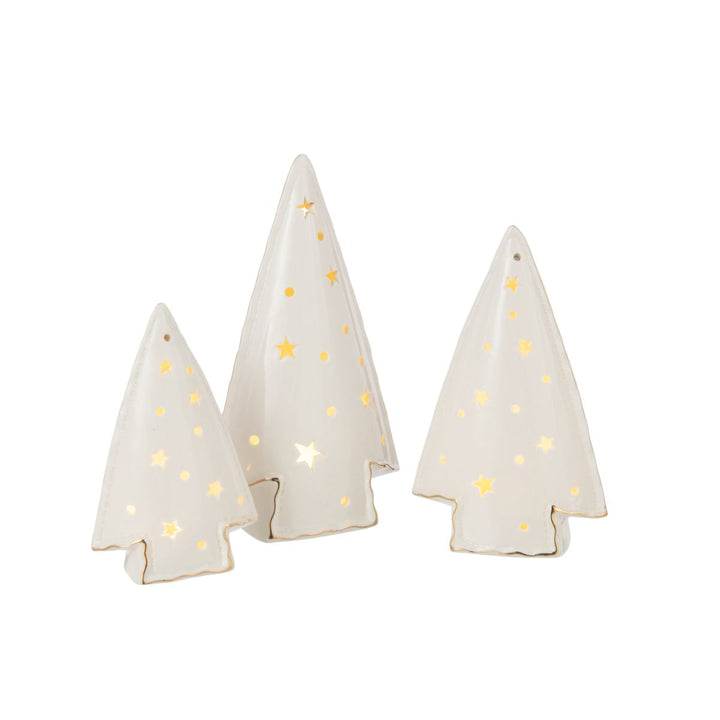 Ceramic LED trees glowing warmly, creating a festive, ambient display.