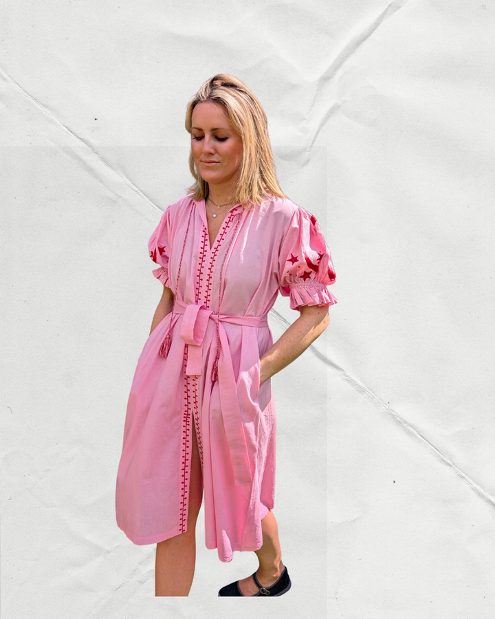 Astrid Pink Embroidered Cotton Dress – Handcrafted in Jaipur-Dresses-LNH Edit