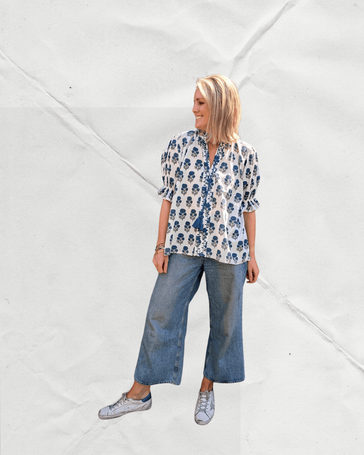 Shirley Blue Cotton Top – Handcrafted in Jaipur-Dresses-LNH Edit