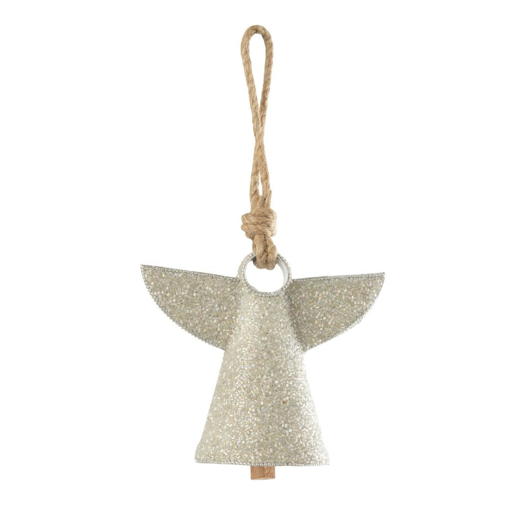Silver glitter angel-shaped hanging bell with jute rope loop.