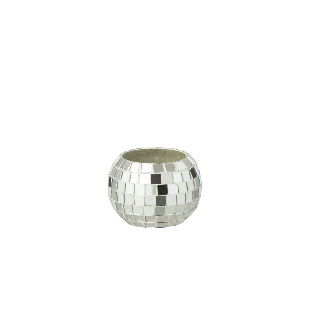 Silver mosaic glass tealight holder with reflective tiles, elegant festive décor accent.