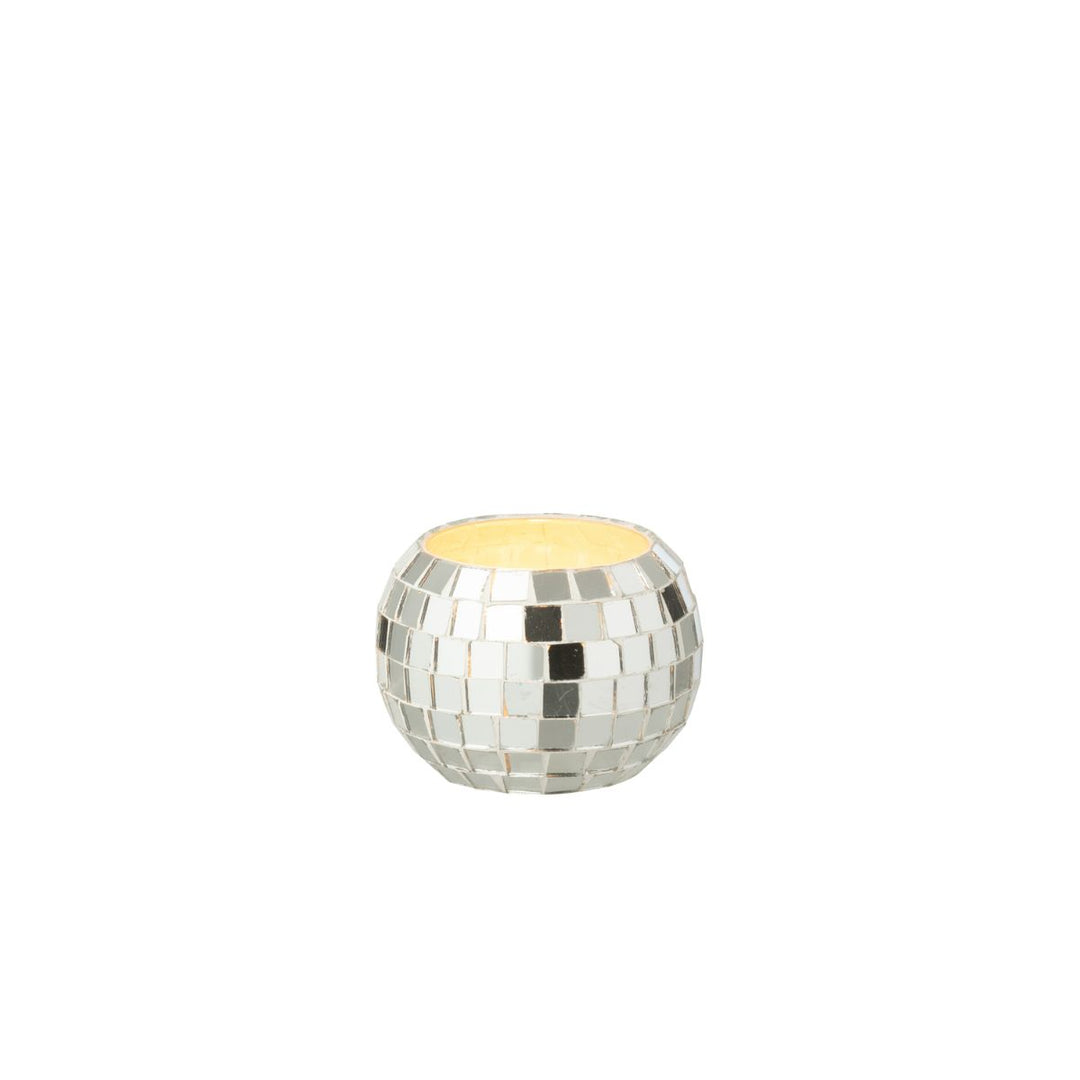 Silver mosaic tealight holder lit, reflecting light beautifully.