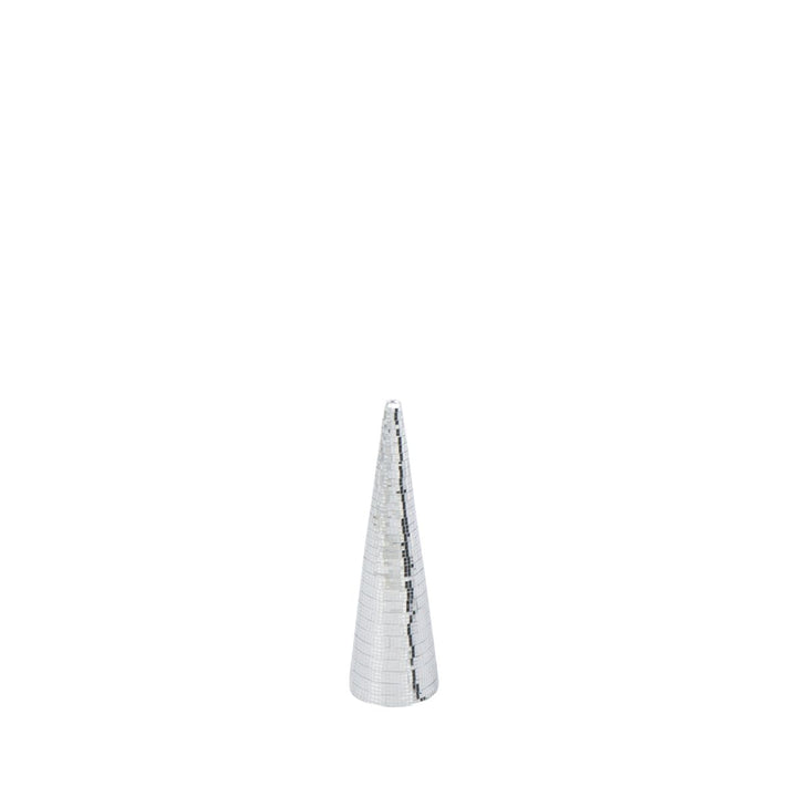 Silver mirror cone tree, small size, reflective festive decoration.