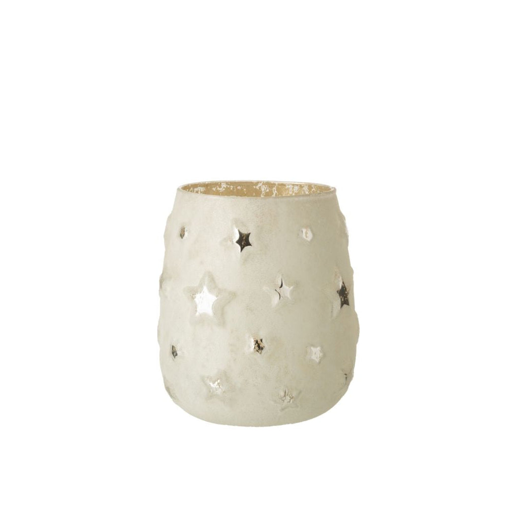 Antique silver glass tealight holder with star cut-outs, frosted finish.