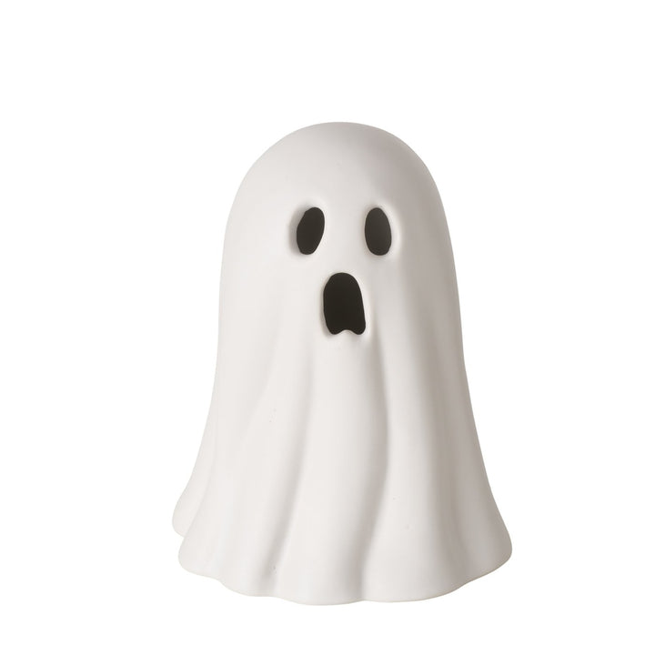 LED ceramic ghost decoration, 12.8cm tall light-up Halloween ornament with soft glow, perfect for spooky seasonal home décor.