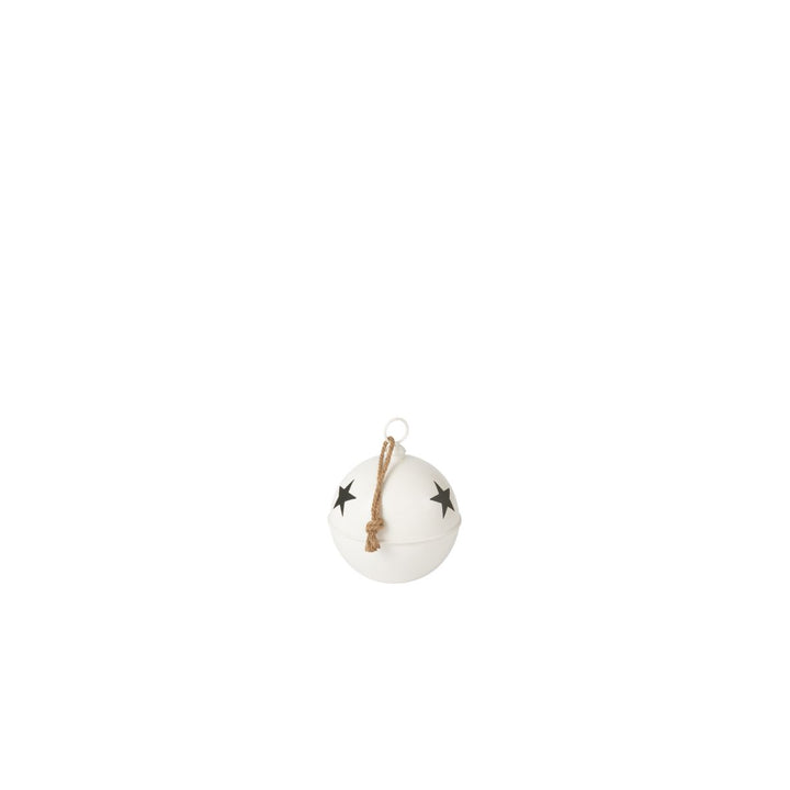 Large white iron bauble with black star cut-outs and rope loop, oversized festive décor.