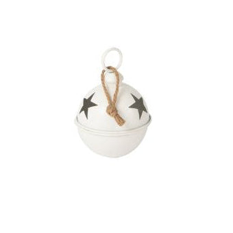 Small white iron bauble with black star cut-outs and rope loop, modern Christmas decoration.