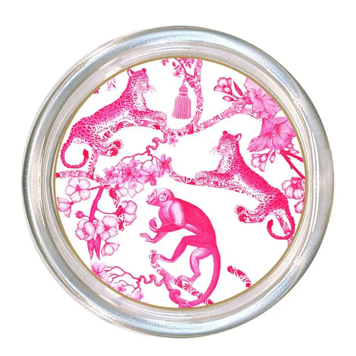 Chic Monkey & Jaguar Toile Pink Coaster-Coasters-LNH Edit