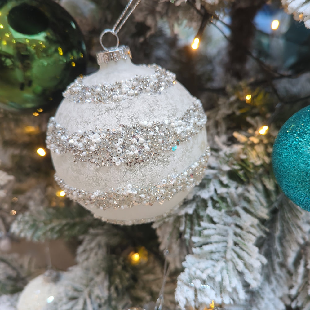 Christmas Baubles Glitter and Pearls White/Silver Glass Matte White Large , Set of 4-Christmas Stockings-LNH Edit