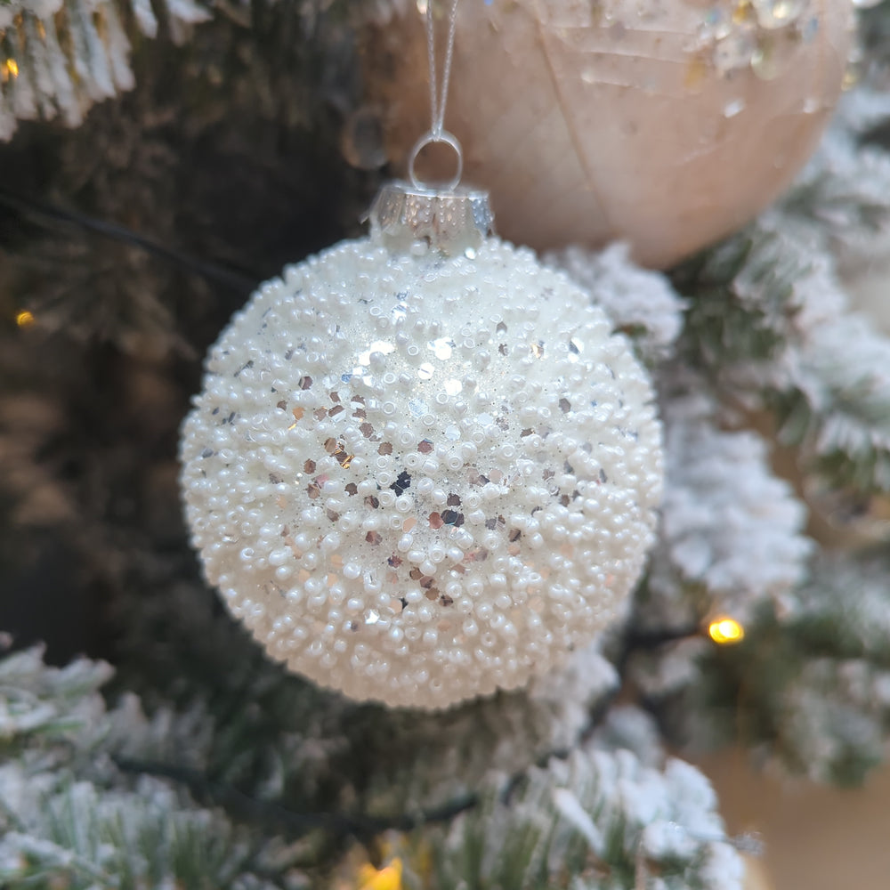 Christmas Baubles Pearls/Glitter Glass Silver/White , Set of 6-Christmas Baubles-LNH Edit