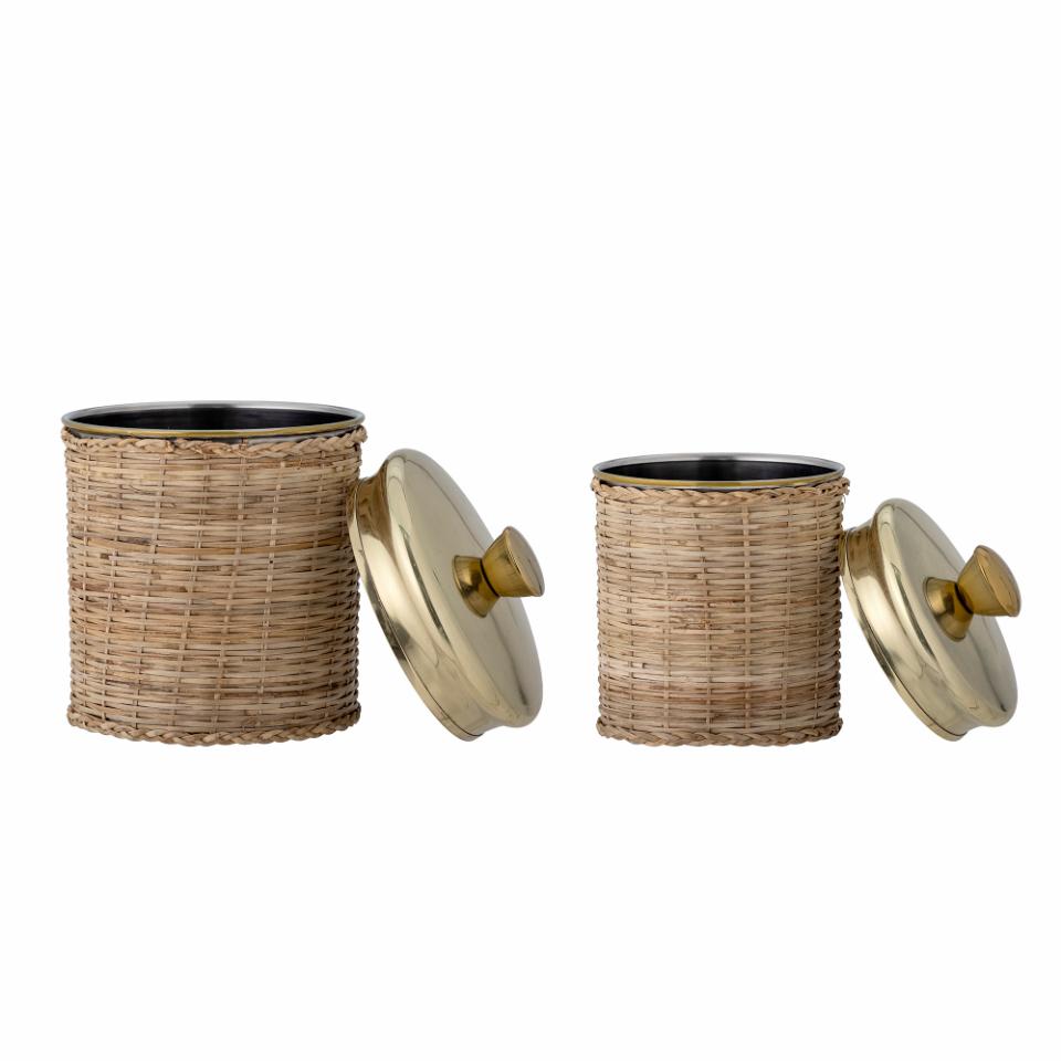 Rattan braided Jars with brass lid, set of 2-Home Storage-LNH Edit