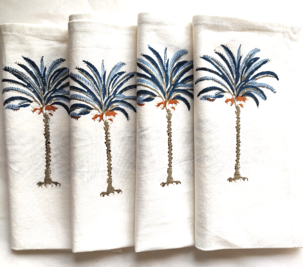 Palm Tree Blue Napkin, Set of 4-Napkins-LNH Edit