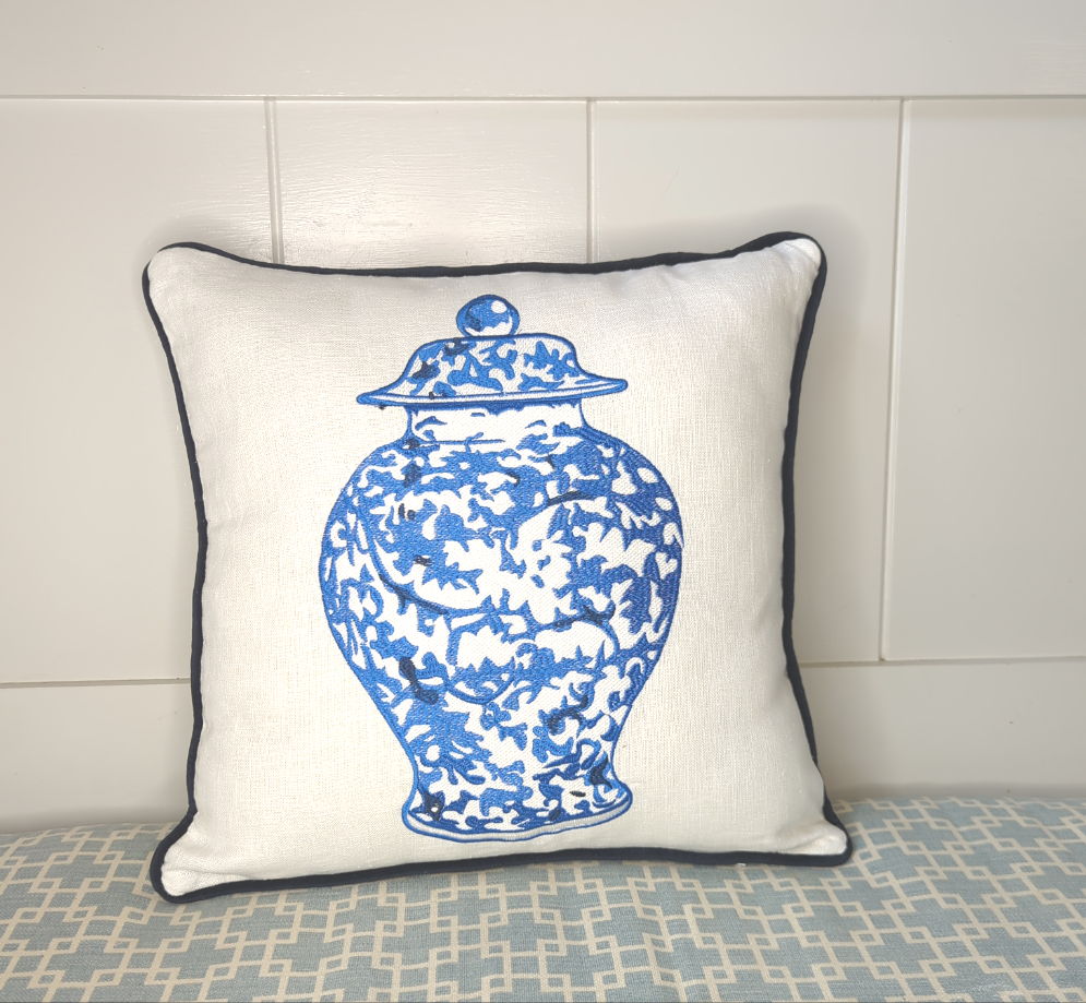 Ginger Jar Embroidered Pillow-Cushions-LNH Edit